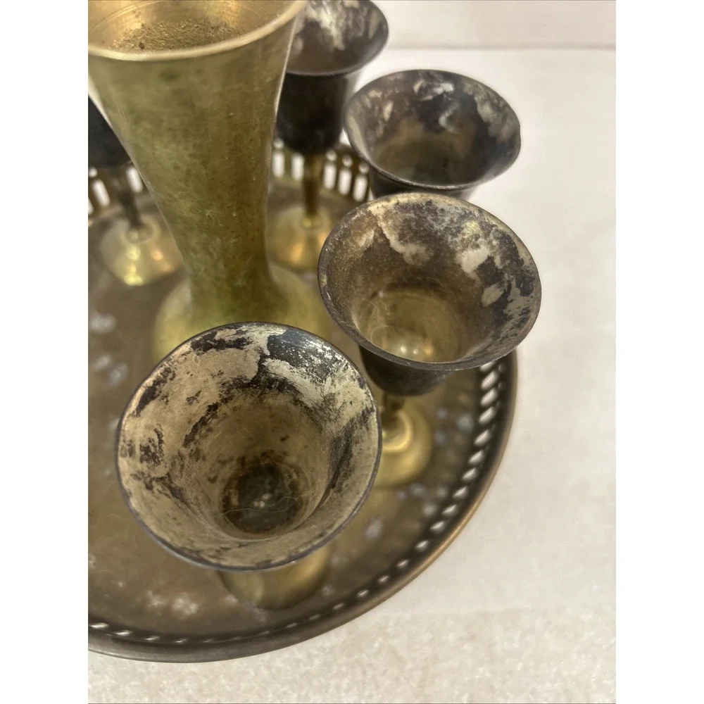 Set of 5 Vintage Brass Cordial Glasses Goblets Made In India With Tray Read